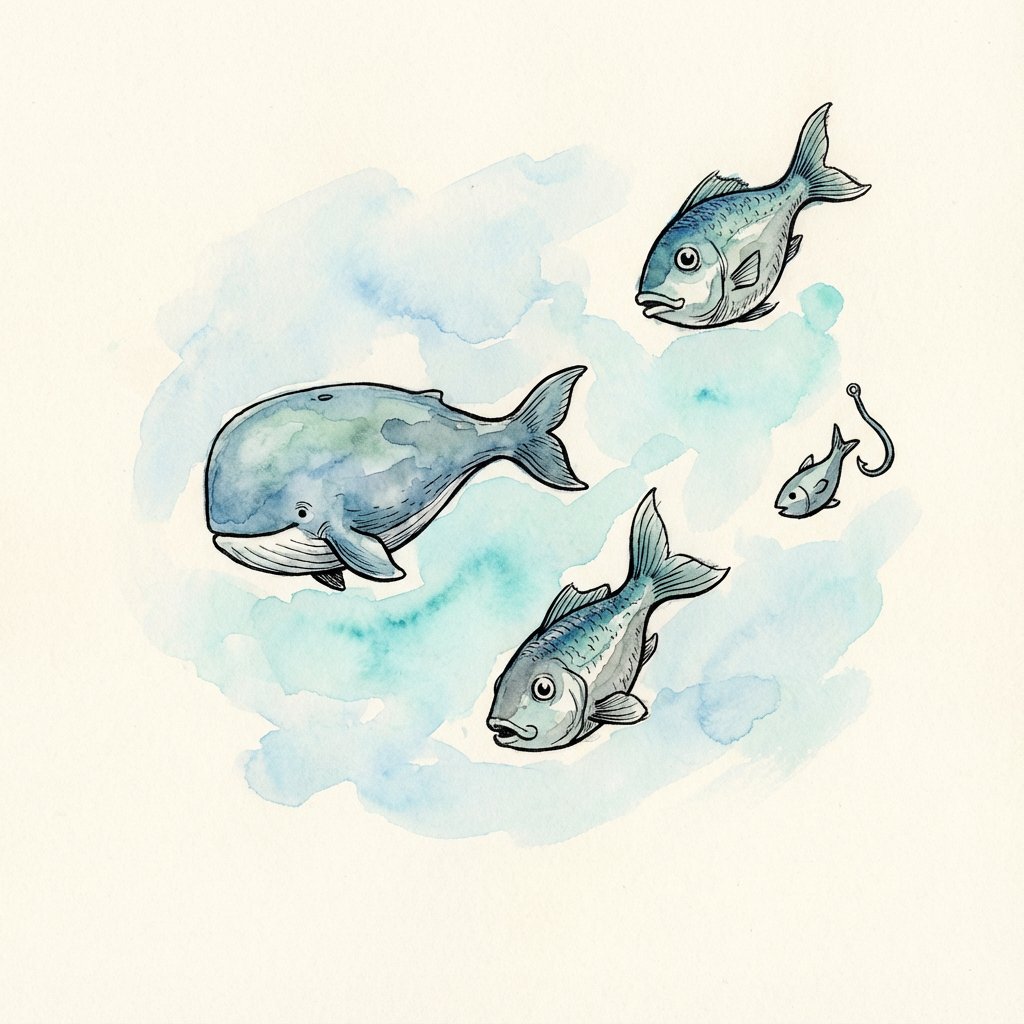 AI image generated of Three simple fish swim around a small musical note.