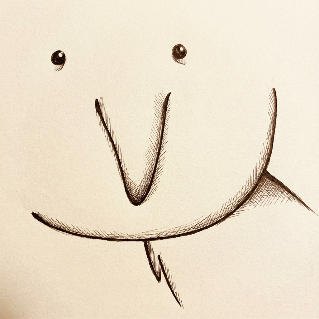AI image generated of A minimal doodle of a smiling face with two eyes, a V-shaped nose, and a wide curved mouth with a small leg-like line.