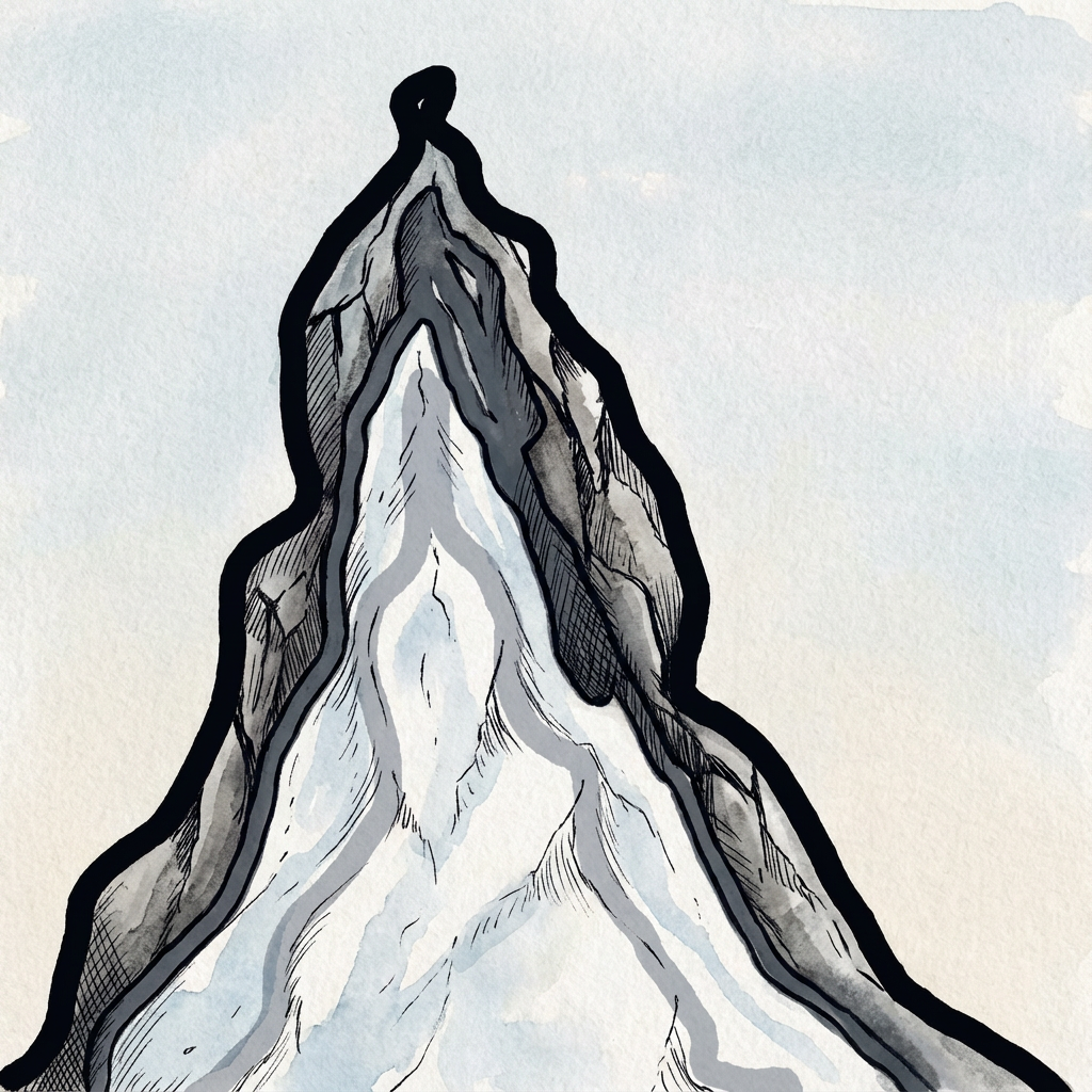 AI image generated of A stylized mountain or volcano with multiple ridges converging at a dark peak.