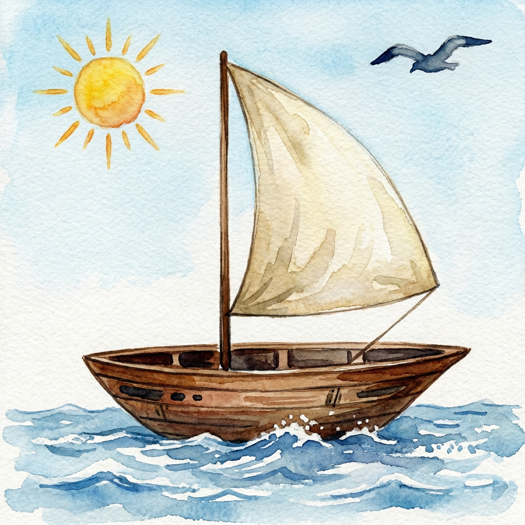 AI image generated of A simple sailboat with a triangular sail gliding on wavy water, under a sun and a small bird in the sky.