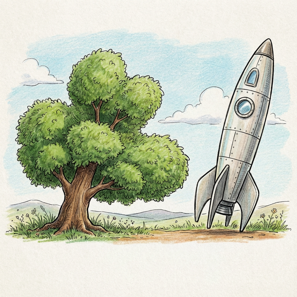 AI image generated of A simple line drawing of a tree beside a tall pencil standing on a horizontal ground line.