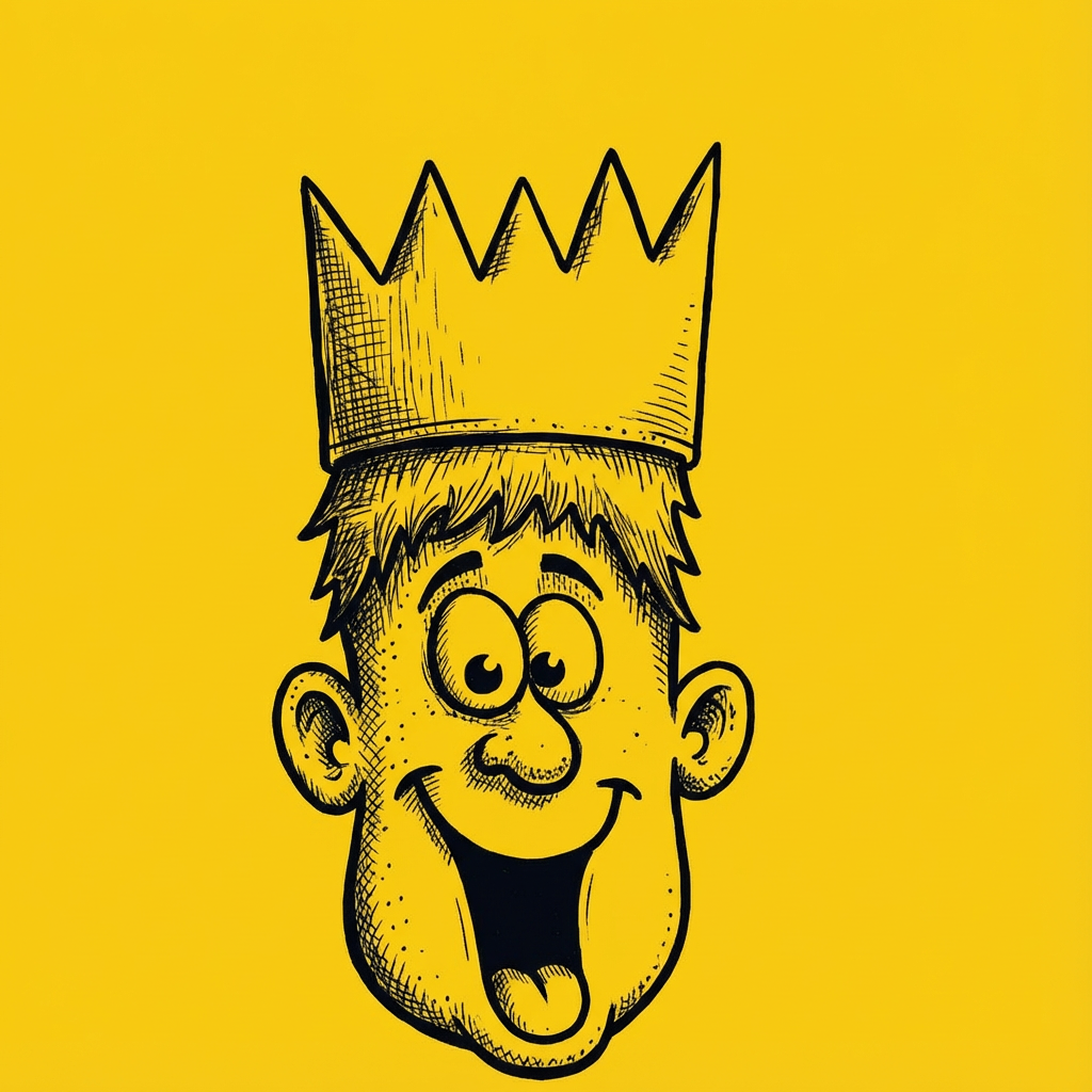 AI image generated of A goofy cartoon king with a tall jagged crown, big ears, and a wide tongue-out smile on a yellow background.
