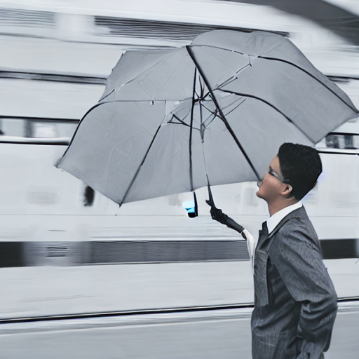 AI image generated of A man holding an umbrella is standing on a sidewalk in front of a train.