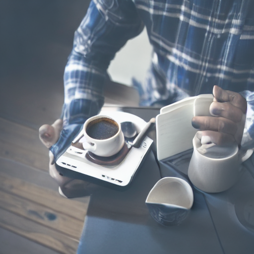 AI image generated of A man is sitting at a table with a cup of coffee and a cell phone.