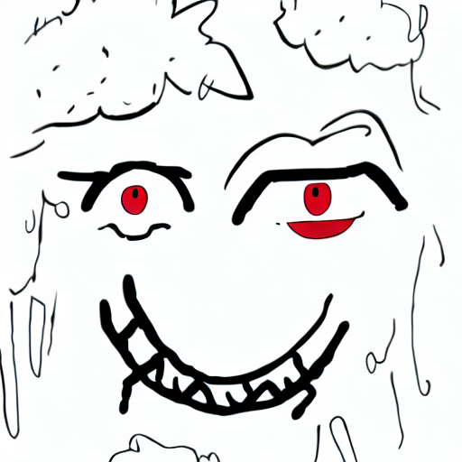 AI image generated of A drawing of a face with a mouth and eyes, and the eyes are red.