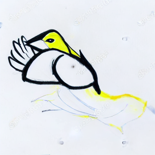 AI image generated of A drawing of a bird with a yellow beak and yellow wings.