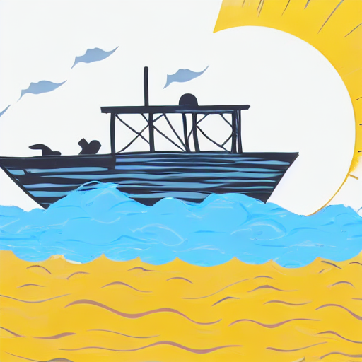 AI image generated of A boat is floating on a body of water with a sun in the background.