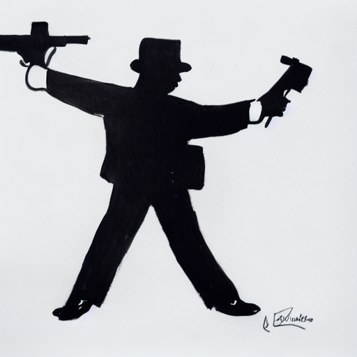 AI image generated of A black and white drawing of a man holding a gun.