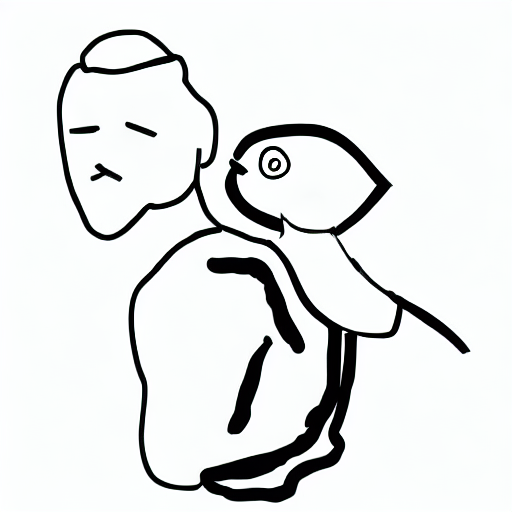 AI image generated of A black and white drawing of a man with a bird on his shoulder.