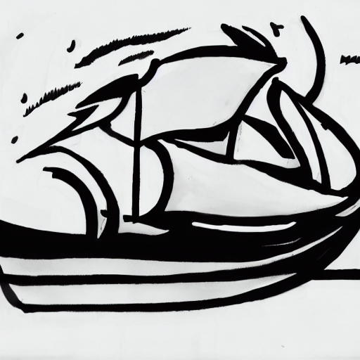 AI image generated of A black and white drawing of a boat.