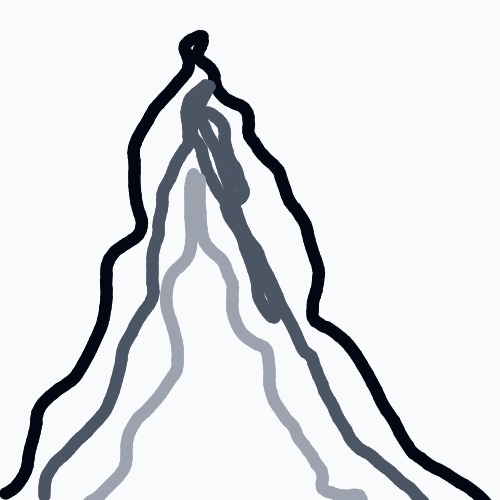 A stylized mountain or volcano with multiple ridges converging at a dark peak.