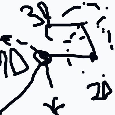 A rough abstract doodle of a stick-figure-like figure with a boxy torso and outstretched arms, surrounded by scattered markings.