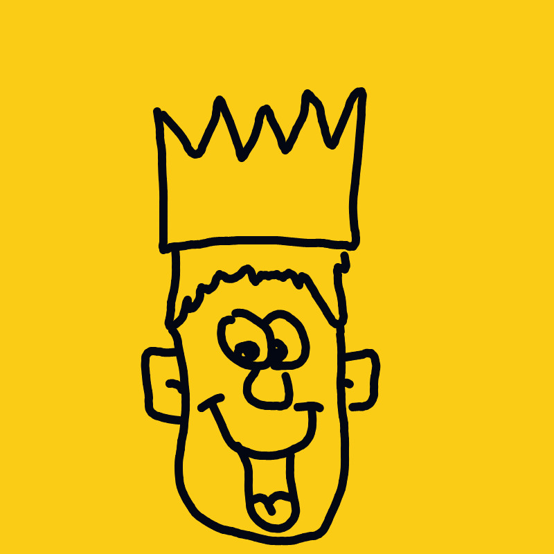 A goofy cartoon king with a tall jagged crown, big ears, and a wide tongue-out smile on a yellow background.