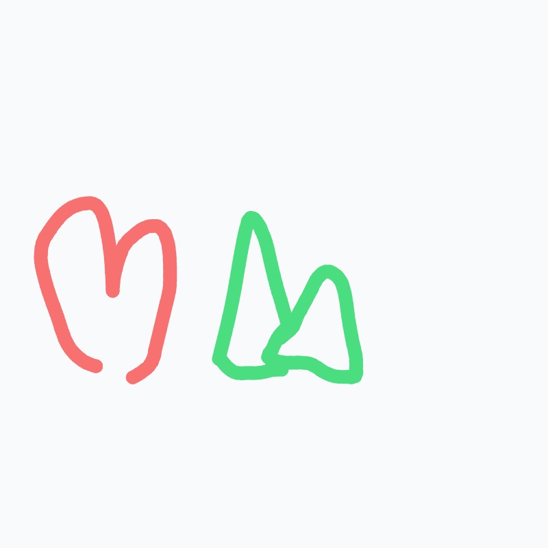 A red heart and a green triangle are drawn on a white background.