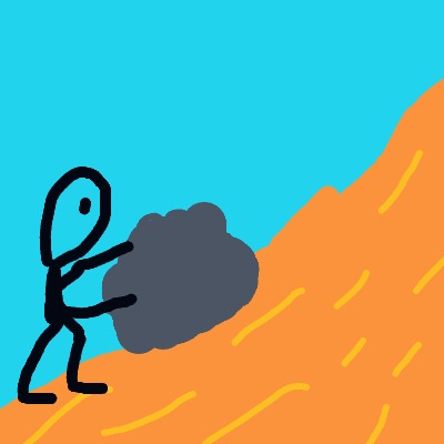 A black and white drawing of a man holding a rock.