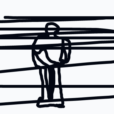 A black and white drawing of a man with his hands on his hips.