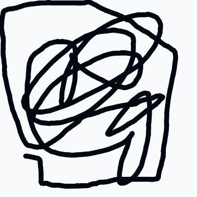 A black and white drawing of a face with a black line going through it.