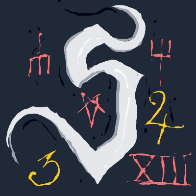 A drawing of a white snake with numbers and letters on it.