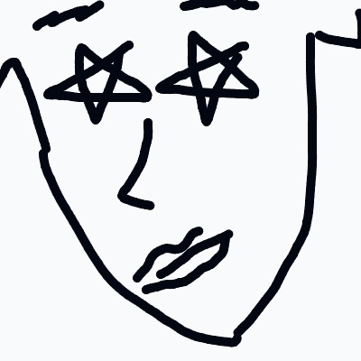 A drawing of a face with a mouth, eyes, and stars drawn on it.