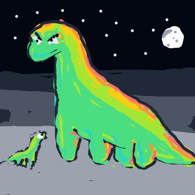 A dinosaur is standing on a rocky surface with a small dinosaur next to it.