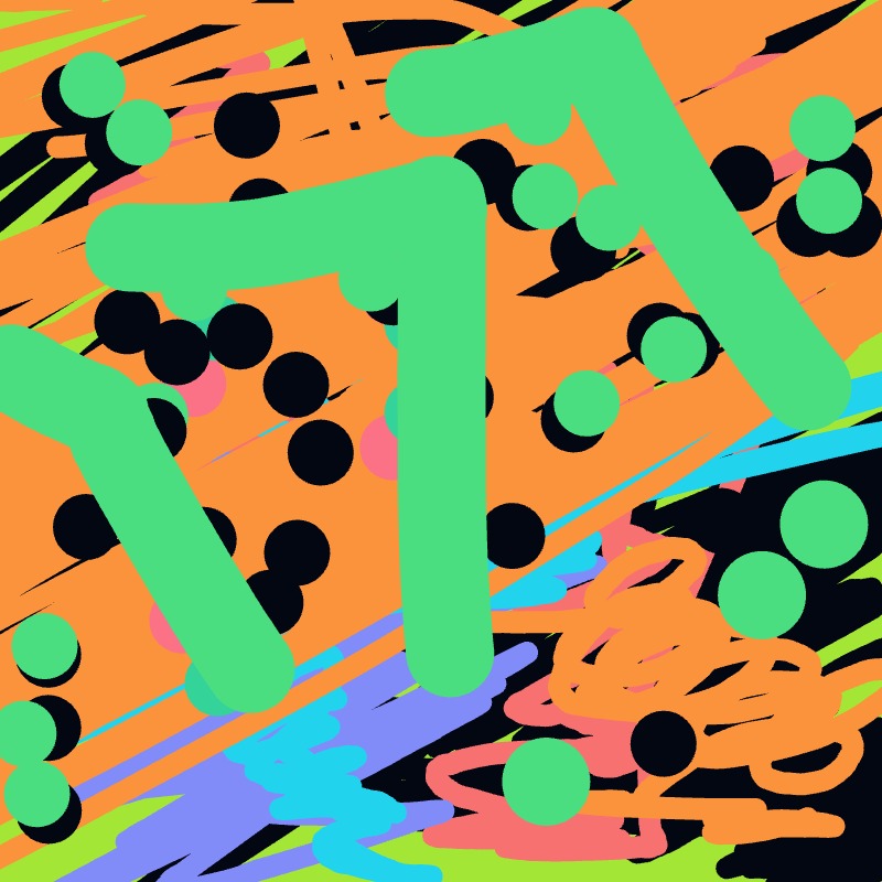 A colorful drawing of a letter 7 with green and orange colors.