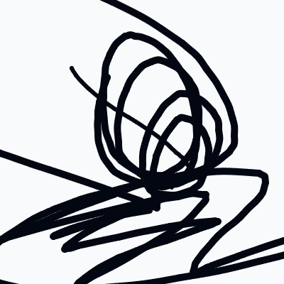 A black and white drawing of a curly, swirling, and twisting shape.