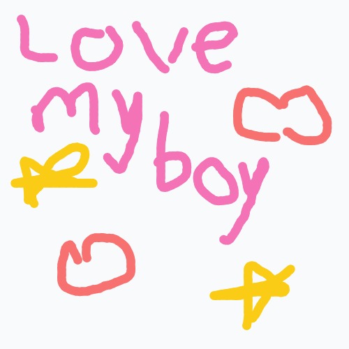 A pink heart with yellow stars and the words "love my my boy" written in pink.