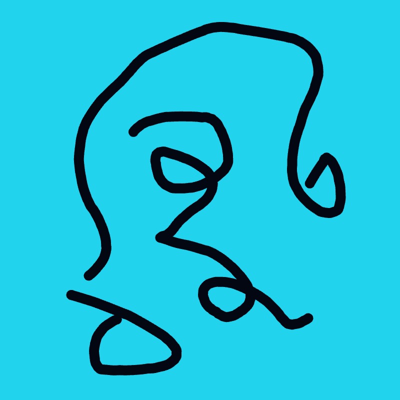 A black drawing of a face on a blue background.