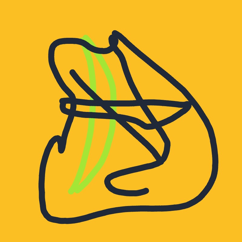 A yellow drawing of a banana with green stripes.