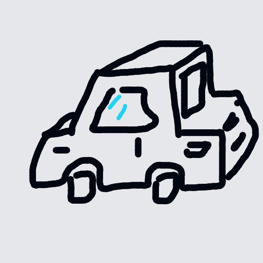A black and white drawing of a car.