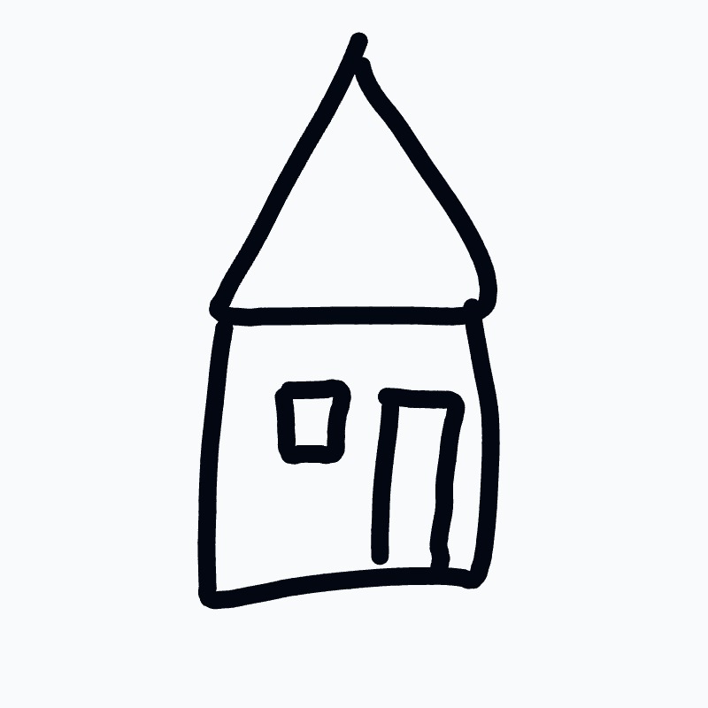 A house is drawn in black ink.