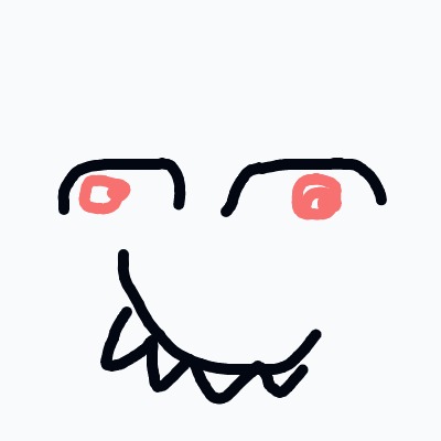 A drawing of a face with a mouth and eyes, and the eyes are red.