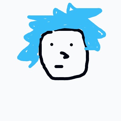 A blue cartoon drawing of a person with a black nose.