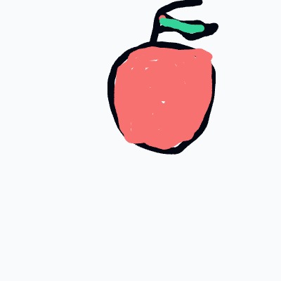 A red apple with green leaves drawn on a white background.