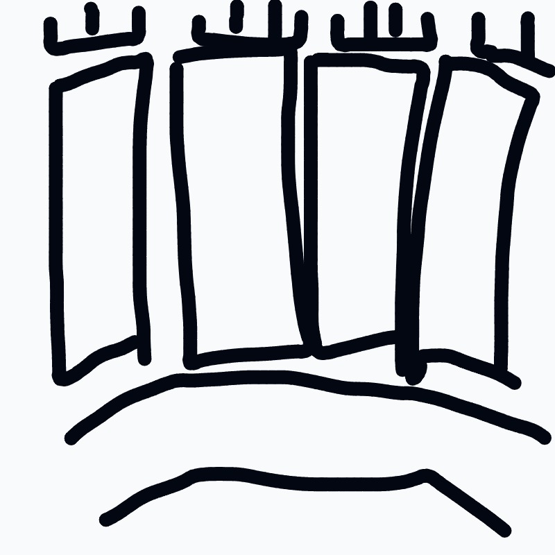 A drawing of a building with a black outline.