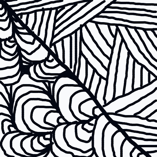 A black and white drawing of a leaf with a white background.