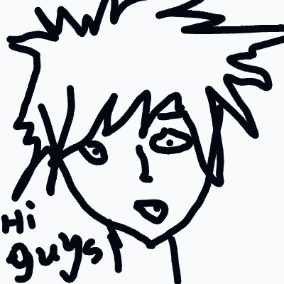 A drawing of a person with a black and white face and the word "hi guys" written below it.
