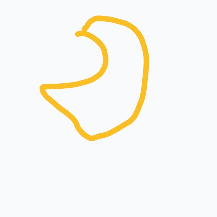 A yellow line drawing of a crescent moon.