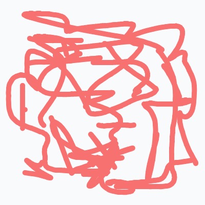 A red drawing of a face with a messy, unfinished appearance.