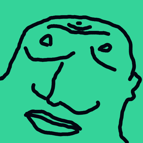 A black and white drawing of a man's face with a green background.