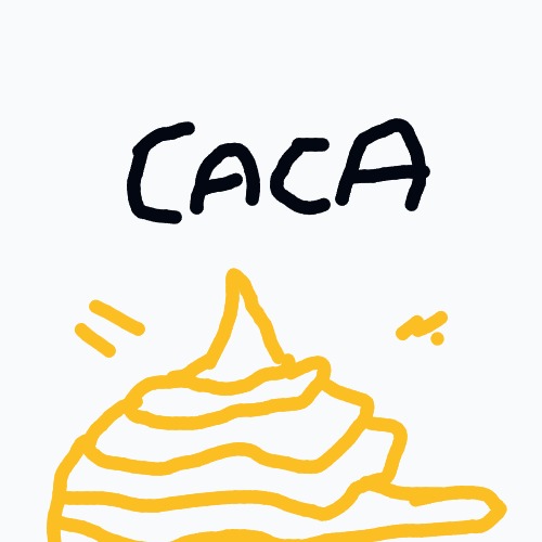 A yellow drawing of a poop with the word Caca written above it.