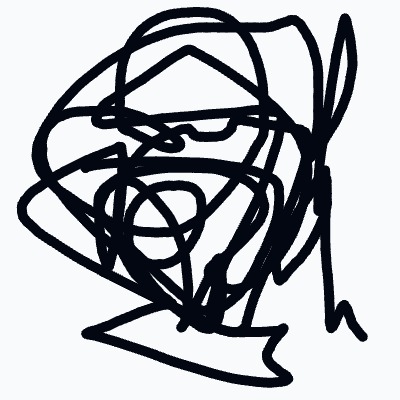 A black and white drawing of a face with a black line for the nose.