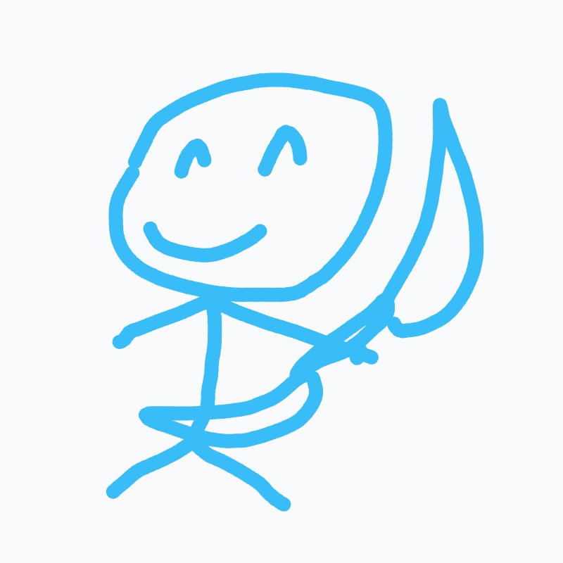 A blue drawing of a happy face with a sword.