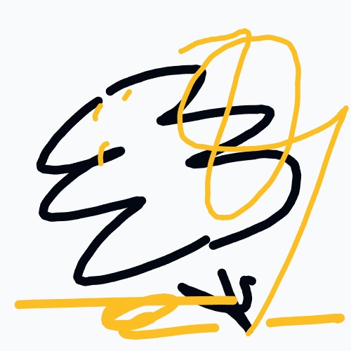A drawing of a bird with a yellow beak and feet.