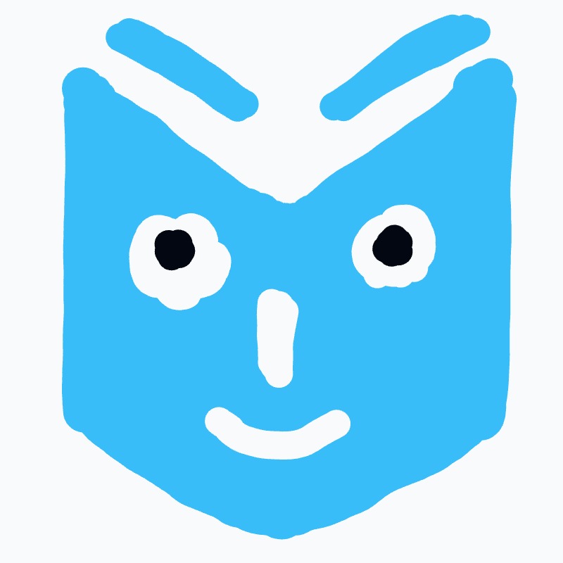 A blue drawing of a face with a smile.