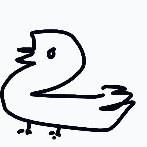 A black and white drawing of a bird with a black beak.