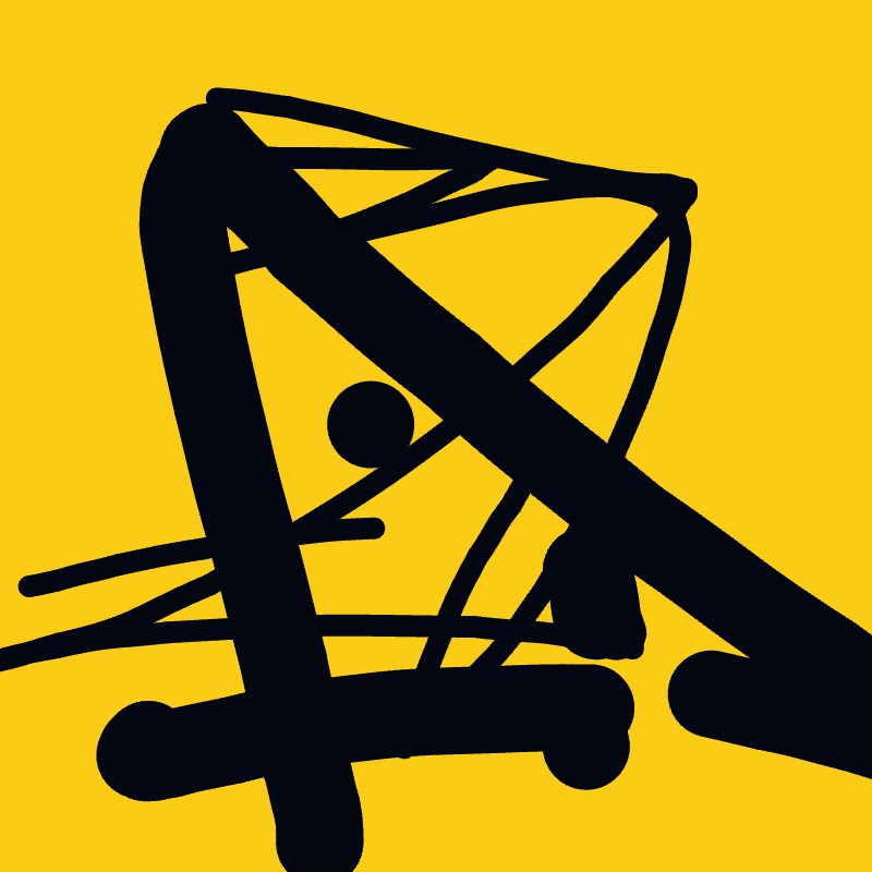 A black and yellow drawing of a chair with a tennis ball in it.
