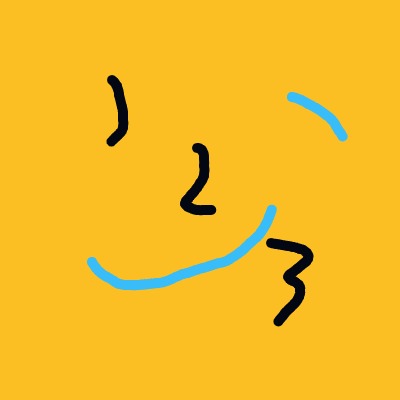 A yellow background with a blue line drawing of a smiling face.
