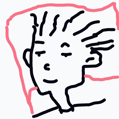 A drawing of a person with a smiling face and curly hair.
