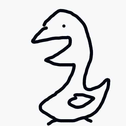 A black and white drawing of a duck with a beak open.